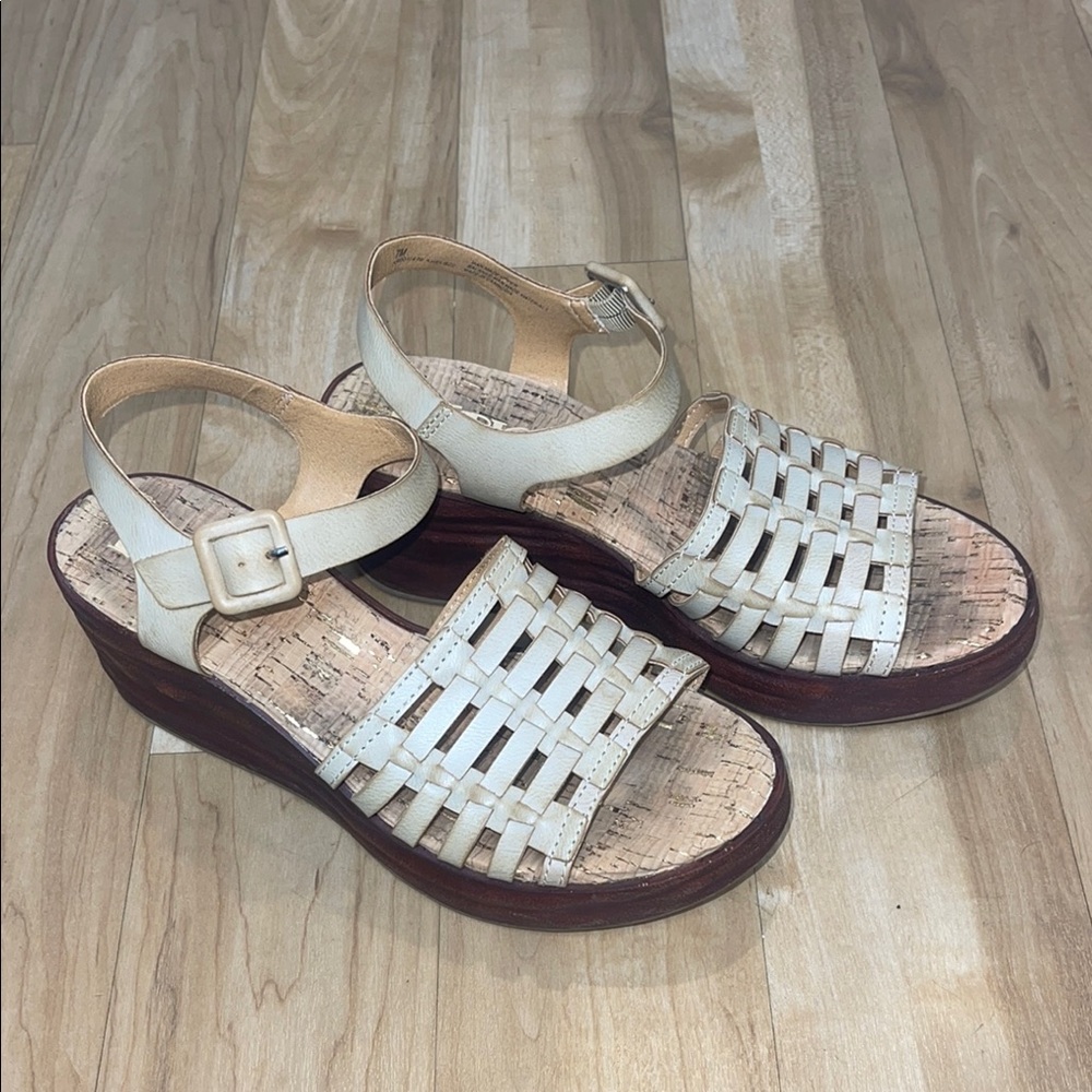 Korks Cream and Brown Leather Wedges with Ankle Strap